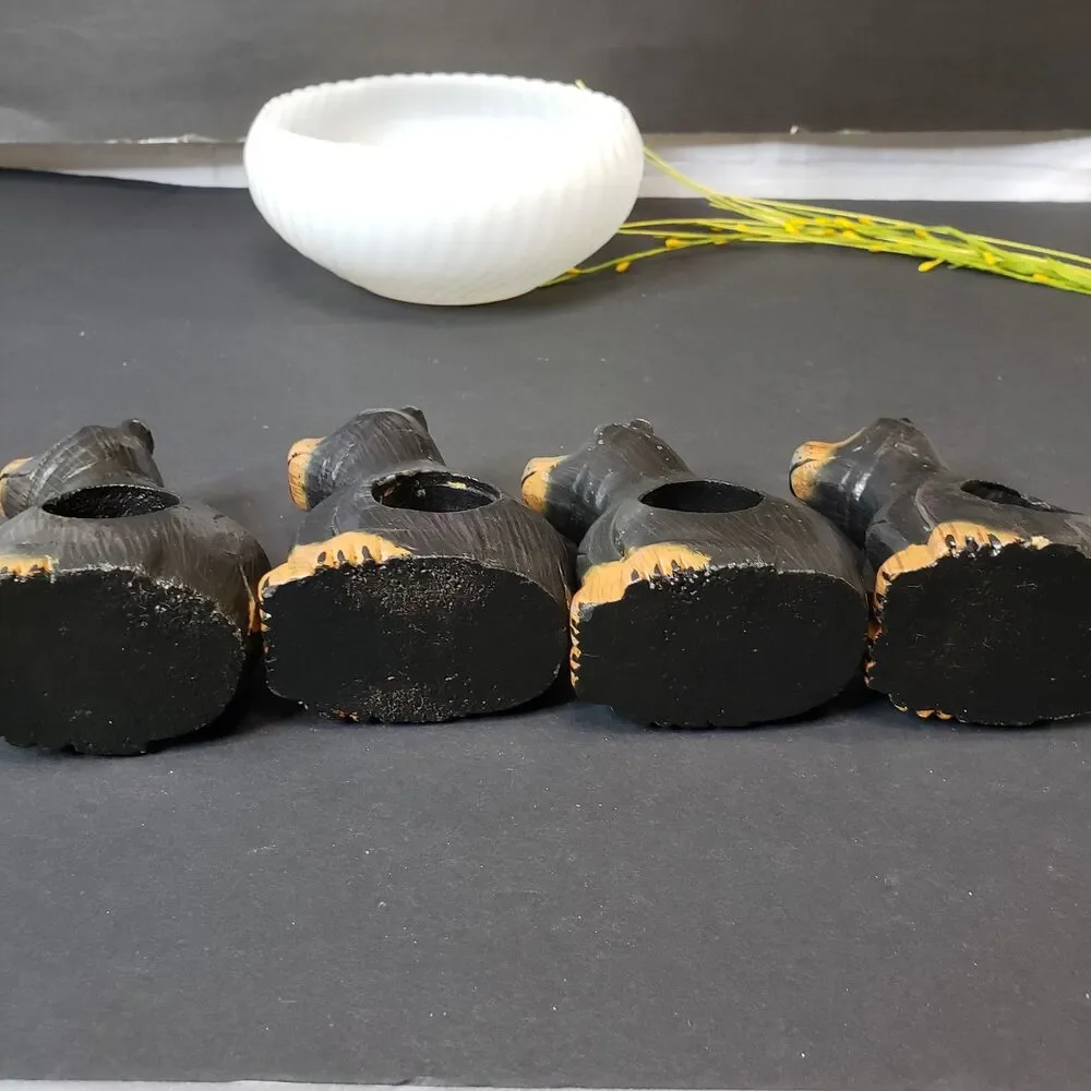 Farmhouse Primitive Hand Carved Wooden Black Bear Napkin Holders Rings Set of 4